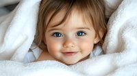 Adorable young child with bright blue eyes and sweet smile peeking out from soft white blankets, capturing pure joy and innocence in natural lighting.