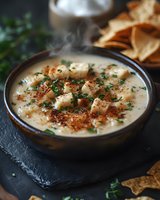 Creamy clam chowder garnished with fresh herbs, paprika, and croutons served in rustic ceramic bowl with tortilla chips on dark stone surface, steam rising.