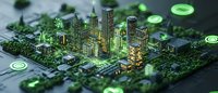 Futuristic miniature cityscape on circuit board with glowing green elements and skyscrapers emerging from electronic components in night scene panorama.