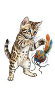 Playful tabby kitten with spotted coat playing with colorful feather toy on white background, isolated and ready for design use on apparel and merchandise.