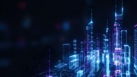 Futuristic digital city skyline with glowing neon buildings and data streams in blue and purple colors for technology and cyberpunk design concepts.