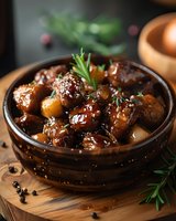 Braised meat stew with potatoes in brown ceramic bowl garnished with rosemary and sesame seeds, dark moody food photography on wooden background.