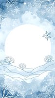 Watercolor winter landscape frame with snowflakes, bare trees and snowy hills. Blue and white seasonal border with copy space for holiday designs.