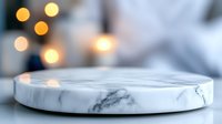 Elegant round marble platform display with soft bokeh lights in background, minimalist product photography setup for luxury presentation on blurred backdrop.
