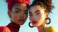 Two diverse young women with vibrant makeup and large hoop earrings in warm sunset lighting, showcasing bold fashion styling against blue sky background.