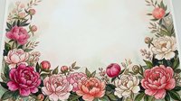 Watercolor floral frame with pink peonies and roses on textured paper background. Botanical border design for wedding invitations and greeting cards.
