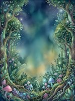 Enchanted forest frame with glowing trees, magical mushrooms, and starlit sky creating a mystical woodland border for fantasy designs and nature-themed projects.