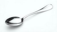 Stainless steel soup spoon with long handle isolated on white background for kitchen utensils and dining cutlery design projects.