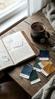 Overhead view of workspace with open notebook containing sketches and handwritten notes, black mug of hot beverage, fabric color swatches labeled with names, and knit textile on wooden surface near window.