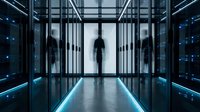 Silhouette of person walking through modern data center corridor with server racks and blue LED lighting creating futuristic technology atmosphere.