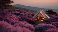Luxury glamping tent glowing warmly at sunset surrounded by vibrant purple heather fields with mountain backdrop for outdoor adventure and eco-tourism experiences.