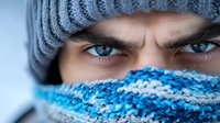 Close up portrait of intense blue eyes and furrowed brows above knitted blue scarf and gray winter beanie hat against cold winter background.