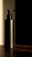 Black metallic pump bottle with dispenser on wooden surface against dark background with warm lighting. Suitable for skincare, cosmetics, and beauty product packaging design.