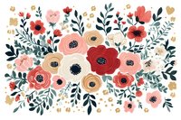 Colorful floral arrangement with pink, red, and white blooms surrounded by green foliage and gold accents on white background.