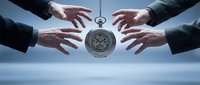 Businesspeople reaching for a hanging vintage pocket watch with exposed gears, symbolizing time management, urgency, and competition in business.