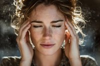 Young woman with freckles and curly hair touching temples with closed eyes, expressing stress, anxiety, or deep concentration in atmospheric lighting.
