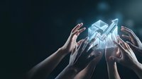 Business team hands reaching toward glowing holographic growth chart with upward arrow symbolizing teamwork success and financial progress.