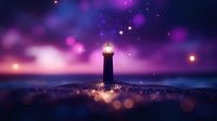 Lighthouse silhouette against purple night sky with glowing bokeh lights and magical atmosphere, dreamy seascape with illuminated beacon tower at dusk.