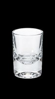Empty clear glass shot glass with thick base isolated on transparent background, ready for beverage, bar, restaurant design, t-shirt graphics, clipart, stickers, and print-on-demand products.