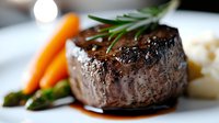 Juicy grilled beef tenderloin steak with fresh rosemary garnish, glazed baby carrots and asparagus served with sauce reduction on white plate, macro food photography.
