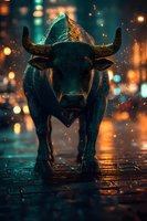 Bronze bull statue in dramatic night lighting with bokeh effects and water reflections, creating mysterious urban atmosphere for financial concepts.