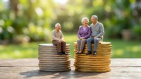 Senior couple figurines sitting on stacked coins representing retirement planning and financial security for elderly people in golden years savings concept.