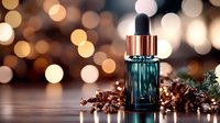 Luxurious green glass dropper bottle with rose gold cap against blurred bokeh lights and pine cone decorations, creating spa-like atmosphere for cosmetic product photography.