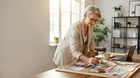 Mature woman with gray hair and glasses wearing beige blazer working at desk with laptop, documents and coffee cup in bright modern office space with shelving and plants.