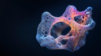 Colorful foam structure with bubbles and holes illuminated against dark background, creating abstract organic form resembling coral or microscopic organism.