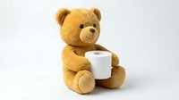 Adorable brown teddy bear holding white coffee mug on clean background, perfect for children's products, comfort themes, and cozy lifestyle designs.