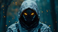 Mysterious hooded figure with glowing orange eyes in dark misty forest atmosphere, sparks floating in air. Cyberpunk style character for gaming and fantasy designs.