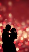Romantic couple silhouette embracing against red bokeh background with heart shapes for Valentine's Day, love, wedding, anniversary celebrations.