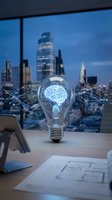 Glowing light bulb with brain symbol and digital waves on office desk overlooking city skyline at dusk representing innovation and creative thinking.