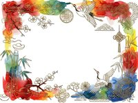 Colorful Asian-inspired decorative frame with traditional symbols, cranes, bamboo, and floral elements on white background for design projects.