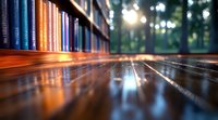 Wooden library table with blurred books on shelf and sunlight streaming through window creates atmospheric study environment with warm glow and bokeh effect.