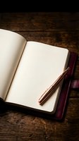Open leather-bound journal with blank pages and wooden pen on rustic wood table for writing, planning, and creative expression.