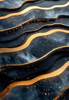 Abstract navy blue marble texture with golden wavy lines and glitter particles creating luxurious fluid art pattern for elegant design backgrounds.