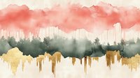 Artistic abstract landscape with coral pink, forest green and gold metallic watercolor drips creating misty mountain scenery on cream background. Decorative wall art.
