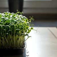 Fresh green microgreens sprouting in black container on kitchen counter with natural sunlight streaming through window creating healthy organic growing environment.