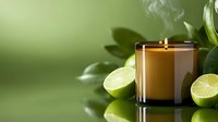 Aromatic soy candle with fresh lime fruits and green leaves on blurred background, creating relaxing spa atmosphere for wellness and aromatherapy.