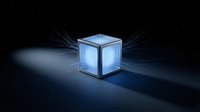 Glowing blue cube with luminous energy rays on dark background, suitable for technology, innovation, and digital design projects.