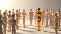 Golden humanoid figure standing out among crowd of neutral figures in circle formation representing leadership and uniqueness in business concepts.