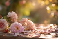 Delicate pink roses on wooden surface with scattered petals, bathed in warm golden sunset light creating dreamy bokeh effect.