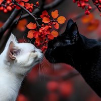 White and black cats nose to nose against red autumn foliage background, creating romantic mood with fall berries and leaves in soft bokeh effect.