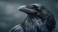 Close-up portrait of black raven head with detailed feathers and sharp beak against blurred background for wildlife photography and nature designs.