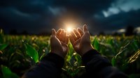 Hands reaching towards bright sunlight in corn field at sunset, dramatic stormy sky and green crops create spiritual agricultural scene.