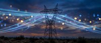 Electric power transmission tower with glowing energy lines and light trails against dramatic twilight sky showcasing modern electrical grid infrastructure.
