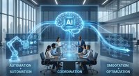 Business team collaborating with AI brain hologram in modern office, showcasing artificial intelligence automation and digital transformation.