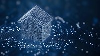 Digital house wireframe glowing on circuit board background with bokeh lights, representing smart home technology and digital transformation in real estate.
