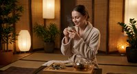 Young Caucasian woman in beige robe enjoying herbal tea in serene spa setting with warm ambient lighting and plants for wellness relaxation concept.